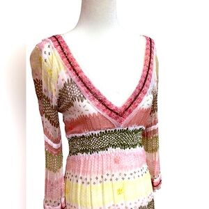 Letarte Silk Beaded Long Sleeve V neck Dress with sequin flowers